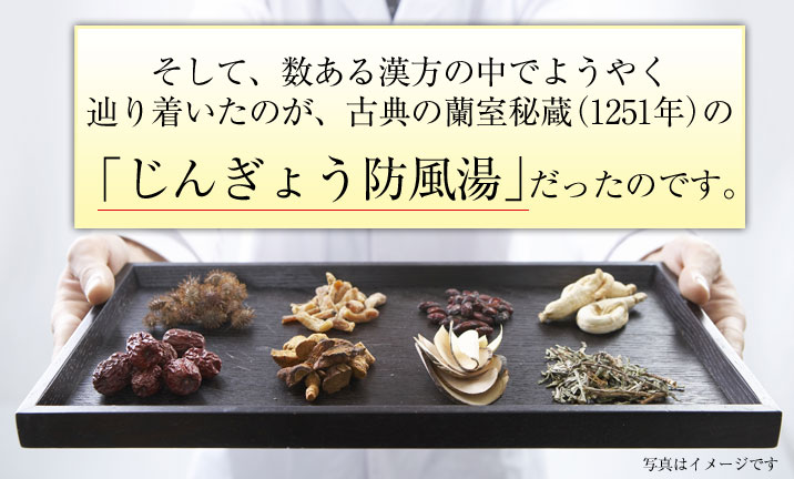 そして、辿り着いたのが、古典の蘭室秘蔵（1251年）の『 じんぎょう防風湯 』 だったのです