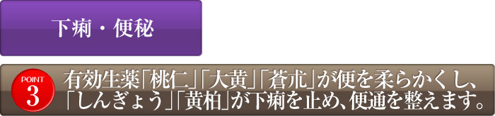 有効生薬「桃仁」「大黄」「蒼朮」が便を柔らかくし、「しんぎょう」「黄柏」が下痢を止め、便通を整えます。