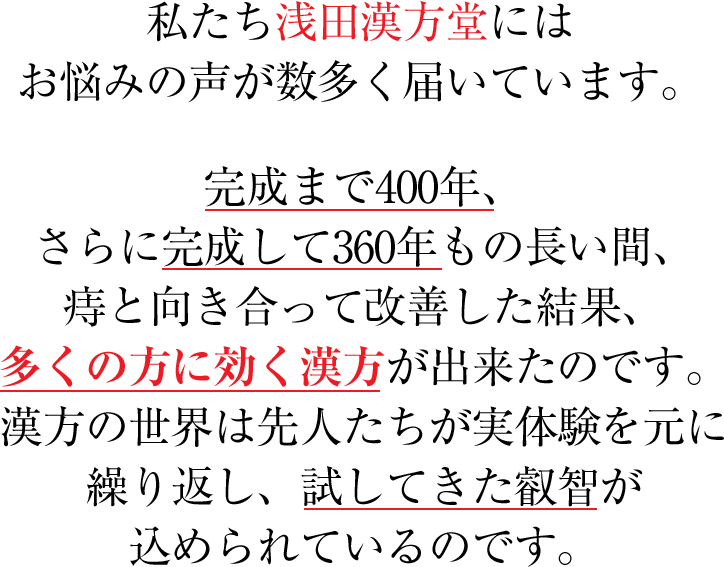 私たち浅田漢方堂にはお悩みの声が数多く届いています。