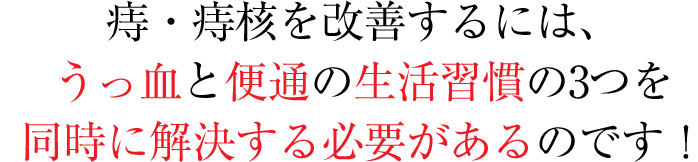 痔・痔核を改善するには、うっ血と便通の生活習慣の3つを同時に解決する必要があるのです！